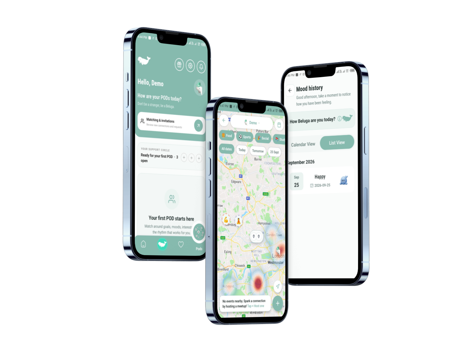 Beluga Pods app on three phones