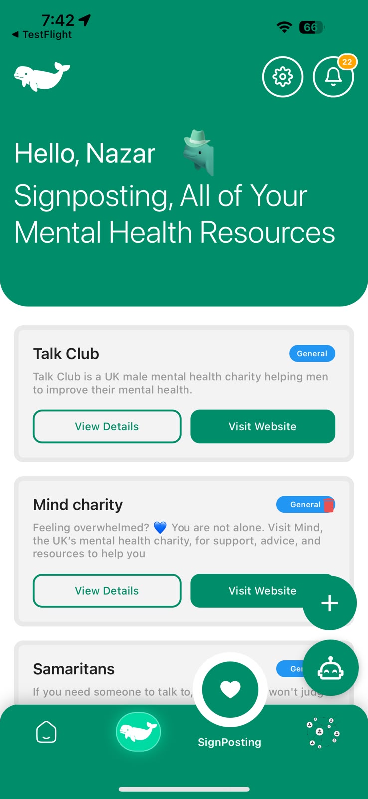 Signposting screen listing mental health resources including Talk Club and Mind