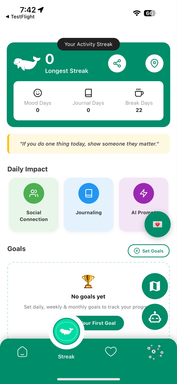 Activity streak screen with mood days, journaling, daily impact and goals